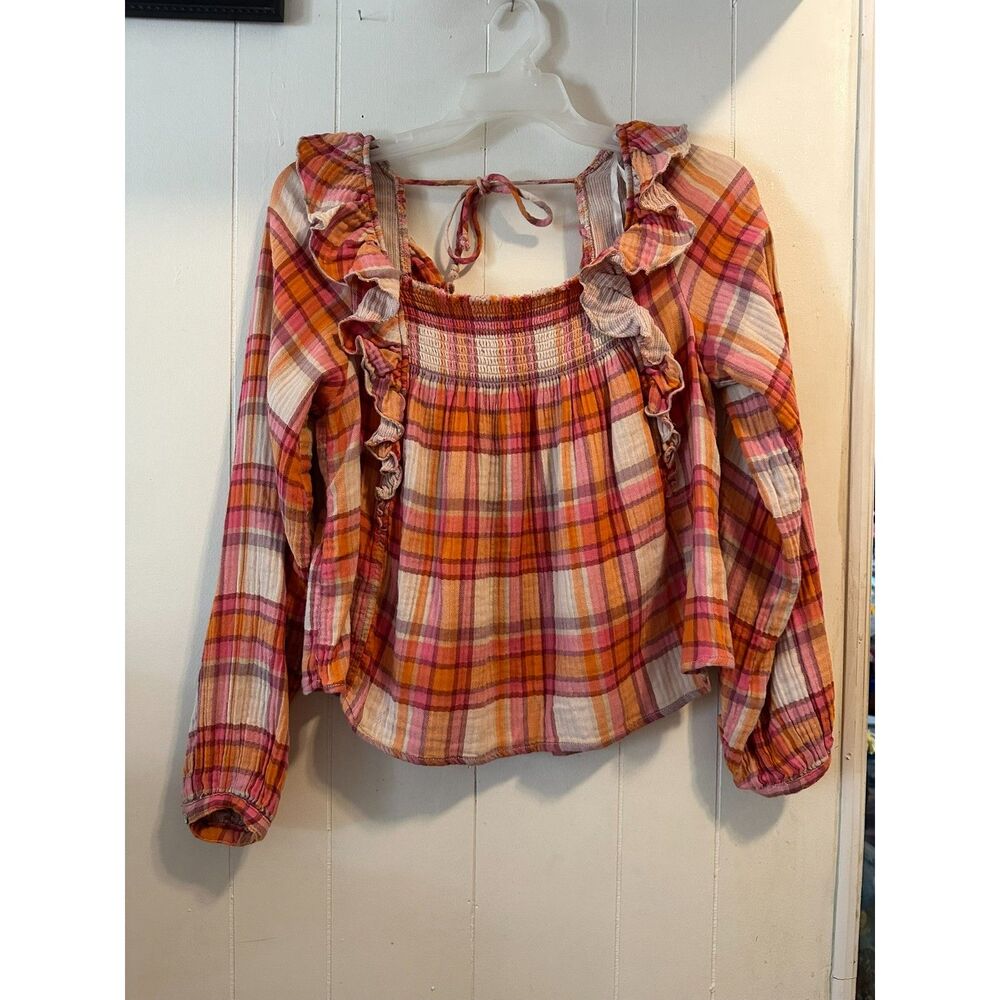 We The Free Siena Plaid Pullover Long Sleeve Ruffle Boho Blouse Shirt Top M